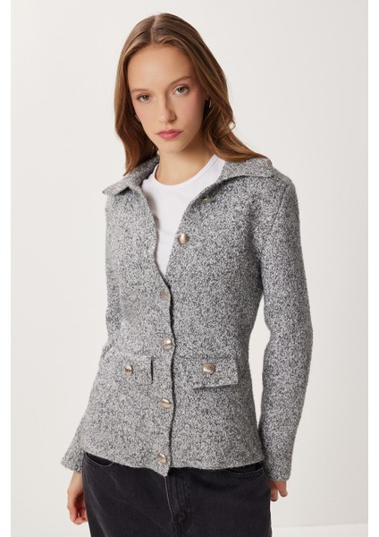 Polo Yaka Düğmeli Triko Hırka LKİ0045 Gri