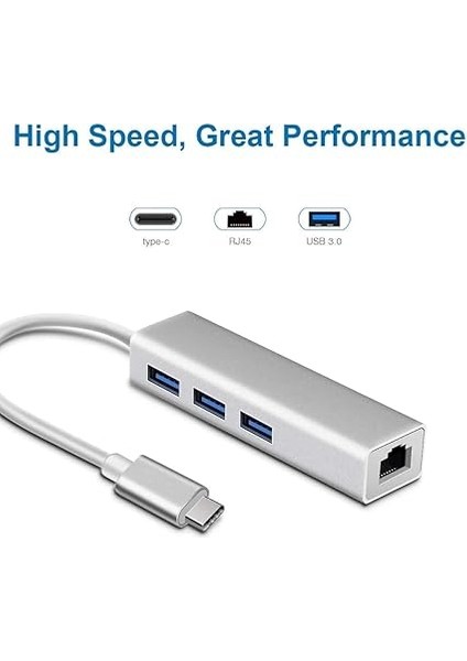 Type C Ethernet 1000MBPS - 1 Gigabit RJ45 Adaptör ve 3 USB Bağlantı Noktası 3.0 Data Hub MacBook Air/pro iMac Acer Lenovo Asus Hp Samsung Huawei ile Uyumlu - Gümüş modelleri
