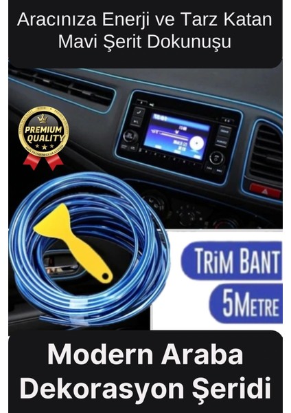 Premium Dekoratif Modern Canlı Görünüm Araç Içi Torpido Kapı Döşeme Fitili 5 Metre Mavi Trim Şeridi