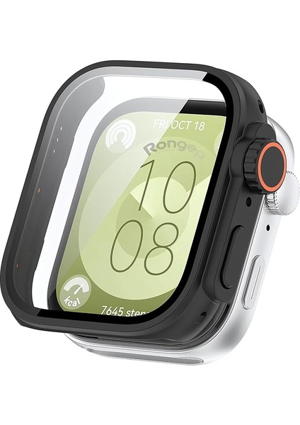 Huawei Watch Fit 3 Için Kasa Dönüştürücü Kılıf Yeni Nesil Görünüm Veren Pc + Temperli Ekran Koruyuculu Dokunmatiği Etkilemeyen Sert Materyalli Kasa Koruyucu Fit 3 Kılıfı (Siyah)
