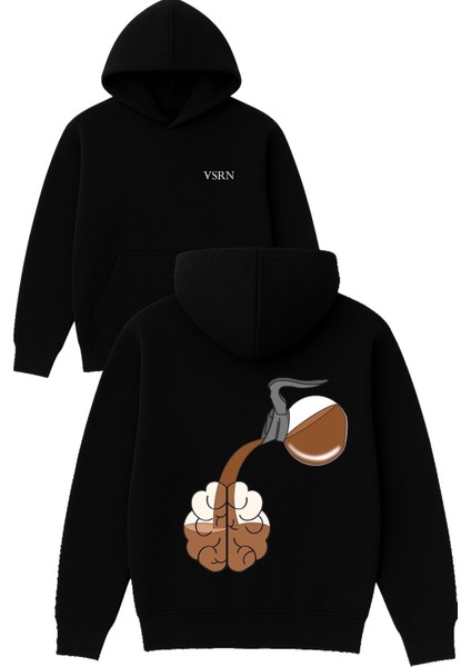 Brain Coffee Tasarım Baskılı Oversize Siyah Kapüşonlu Sweatshirt