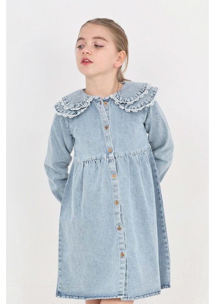 Kız Çocuk Çift Yaka Detaylı ve Boydan Düğmeli Jean Elbise 12341 fiyatları