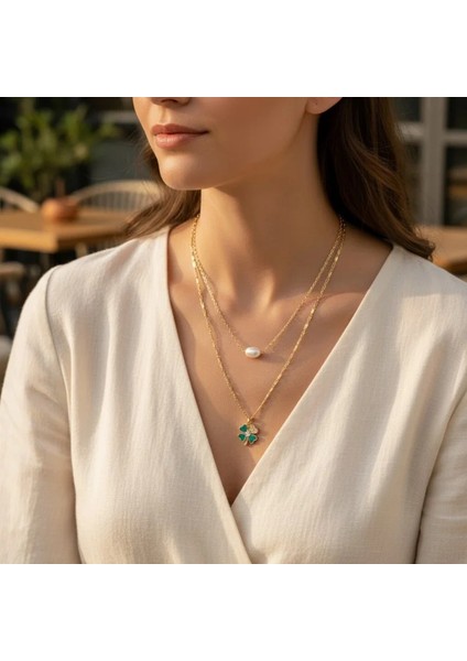 Kadın Ikili Kolye – Inci ve Yonca Figürlü, Gold Kaplama Zarif Çelik Tasarım fiyatları