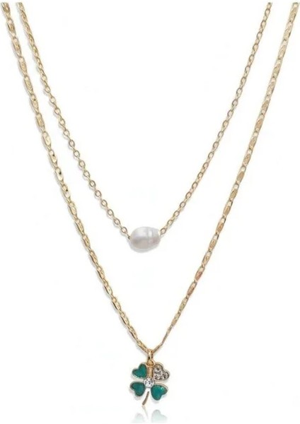 Kadın Ikili Kolye – Inci ve Yonca Figürlü, Gold Kaplama Zarif Çelik Tasarım modelleri