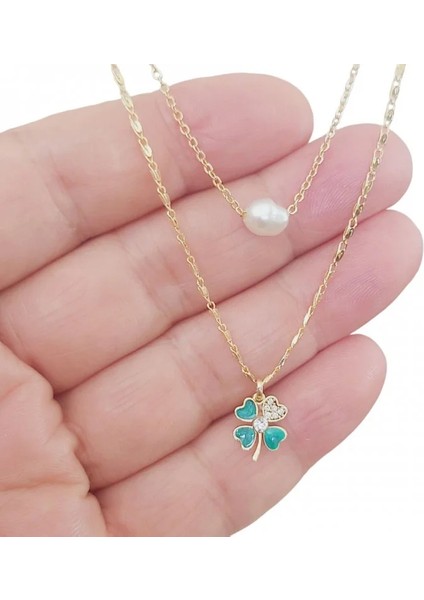Kadın Ikili Kolye – Inci ve Yonca Figürlü, Gold Kaplama Zarif Çelik Tasarım fırsatları