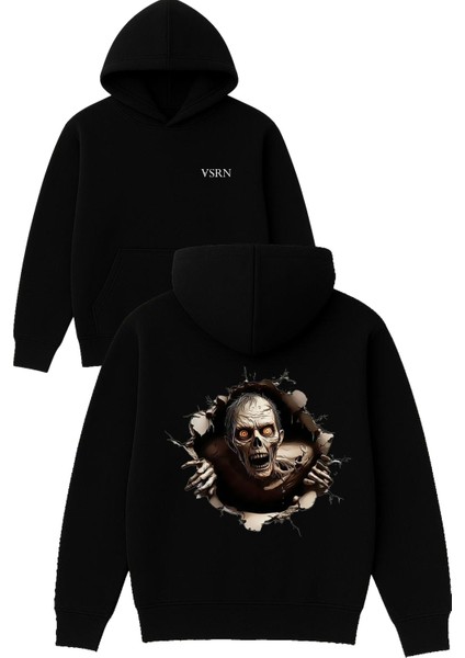 Iskelet Zombi Tasarım Baskılı Oversize Siyah Kapüşonlu Sweatshirt