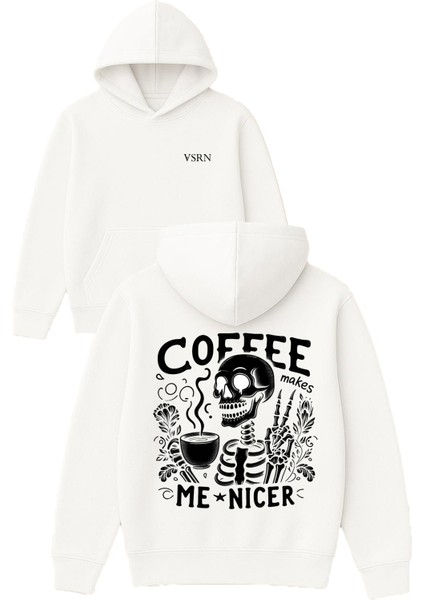 Coffee Makes Me Tasarım Baskılı Oversize Beyaz Kapüşonlu Sweatshirt