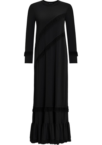 T25Y-4000 Mıssdalıda Püskül Detaylı Triko Uzun Elbise