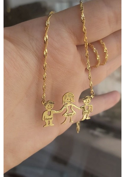 925 Ayar Gümüş 24 Ayar Altın Kaplama 3 Kişilik Aile Kolye