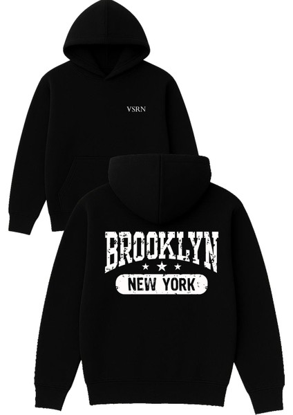 Brooklyn Yıldızlı Newyork Tasarım Baskılı Oversize Siyah Kapüşonlu Sweatshirt