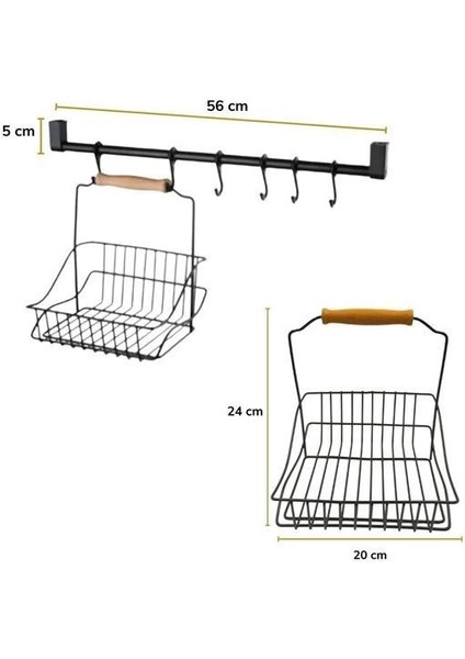 Retro Ferforje Askılı Siyah Ahşap Kulplu Düzenleyici Mutfak Sepeti