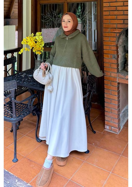 Yaka Fermuarlı Crop Triko Kazak Haki