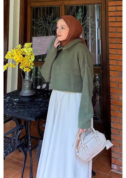 Yaka Fermuarlı Crop Triko Kazak Haki fiyatları