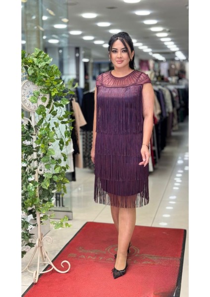 Büyük Beden Püsküllü Abiye Elbise Bisiklet Yaka, Kolsuz Şık Gece Elbisesi