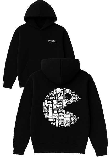 Oyun Konsolları Tasarım Baskılı Oversize Siyah Kapüşonlu Sweatshirt