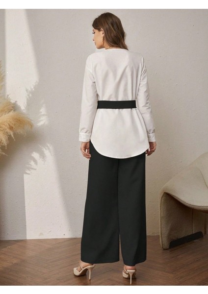 Kadın Uzun Kollu Açık Yakalı Çift Renkli Kemerli Ithal Krep Ikili Takım