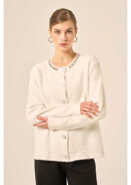 Kadın Taş Detaylı Hırka Ekru 25060