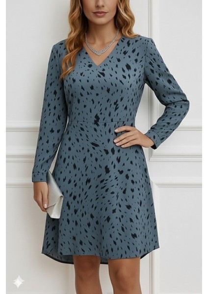 Kadın Uzun Kollu V Yakalı Desenli Kısa Keten Elbise modelleri