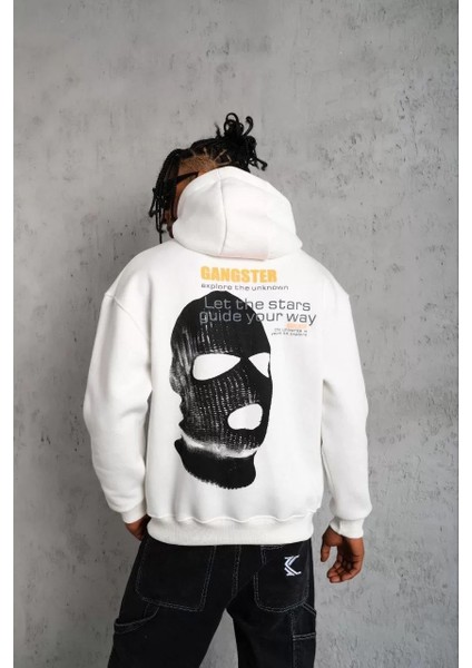 Erkek Kordonlu Maske Baskılı Kapüşonlu Sweat - Beyaz