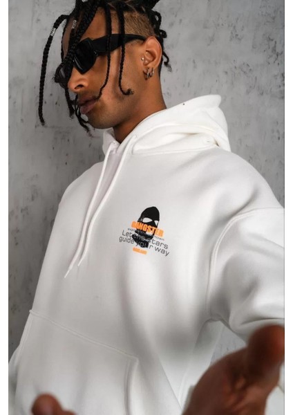 Erkek Kordonlu Maske Baskılı Kapüşonlu Sweat - Beyaz fiyatları