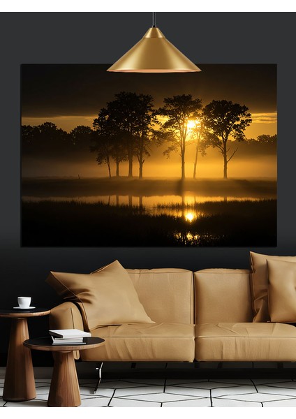Gece Ağaç Aydınlatma Manzara Dekoratif Kanvas - Mdf Ahşap Tablo