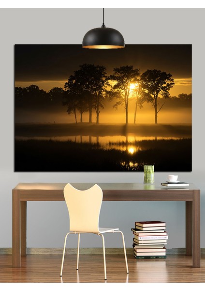 Gece Ağaç Aydınlatma Manzara Dekoratif Kanvas - Mdf Ahşap Tablo fırsatları