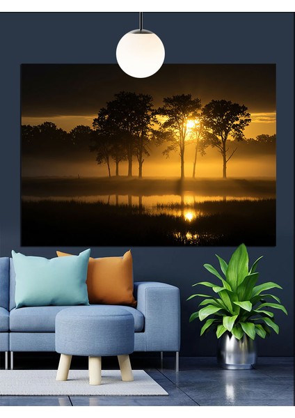 Gece Ağaç Aydınlatma Manzara Dekoratif Kanvas - Mdf Ahşap Tablo indirimleri