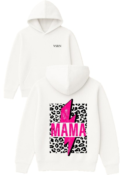 Mama Leopar Tasarım Baskılı Oversize Beyaz Kapüşonlu Sweatshirt