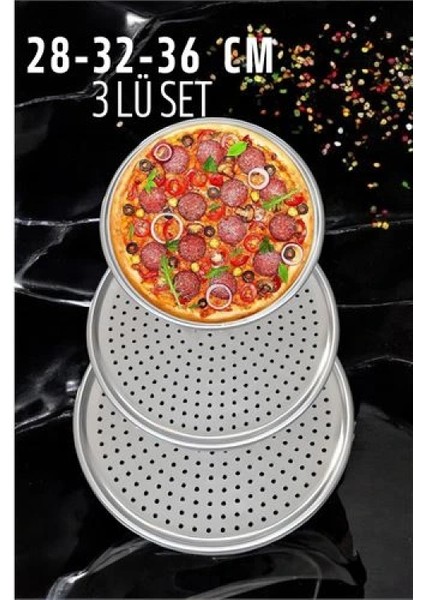 Delikli Pizza Lahmacun Tepsisi Çelik 28-32-36 cm 3 Lü Set