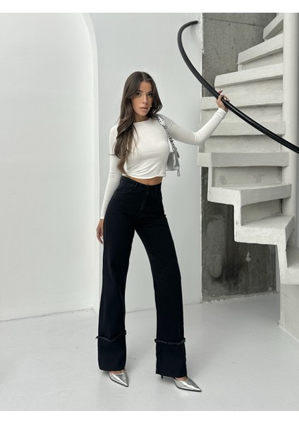 Kadın Ters Paça Püskül Işlemli Bol Paça Kot Pantolon
