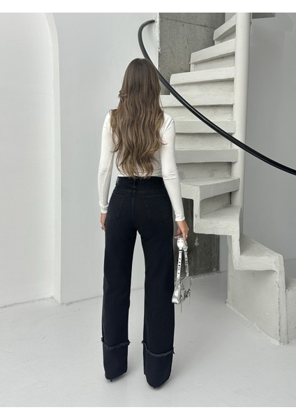 Kadın Ters Paça Püskül Işlemli Bol Paça Kot Pantolon modelleri