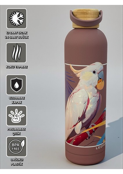 Bambu Kapaklı Pembe Renk Papağan Figürlü 1000 ml Paslanmaz Çelik Termos