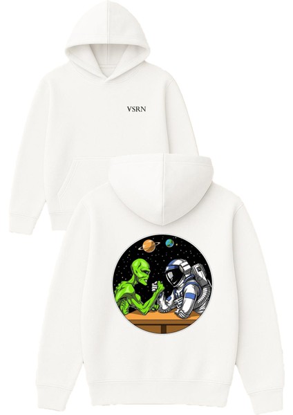 Astronot ve Uzaylı Tasarım Baskılı Oversize Beyaz Kapüşonlu Sweatshirt