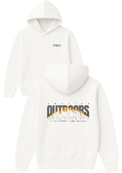 Doğa Yürüyüşü Tasarım Baskılı Oversize Beyaz Kapüşonlu Sweatshirt