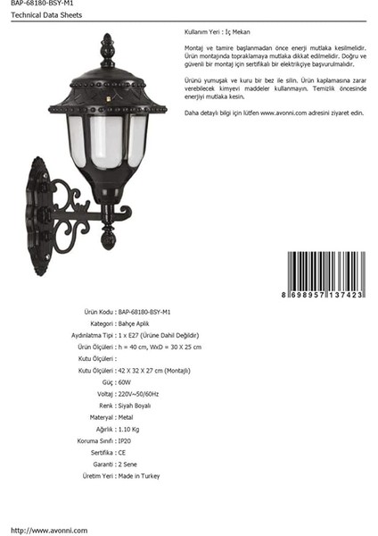 BAP-68180-BSY-M1 Siyah Elektrostatik Toz Boyalı Dış Mekan Aydınlatma, E27, Abs, Polikarbon Cam, 30X25CM indirimleri