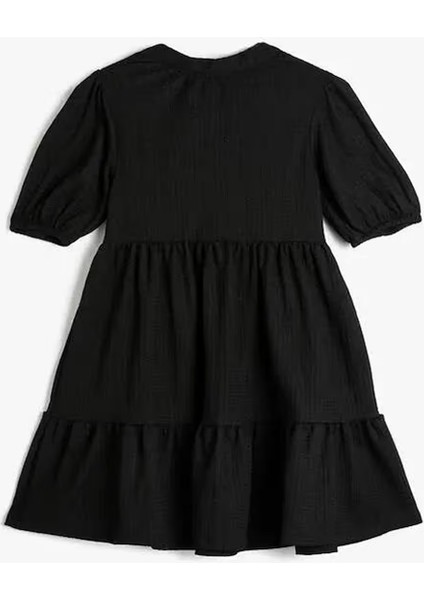 Kız Çocuk Uzun Elbise Kısa Balon Kollu Mandarin Yaka Düğmeli