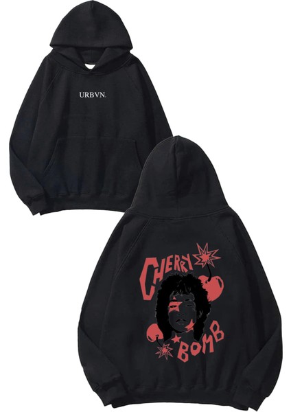 Cherry Bomb Tasarım Baskılı Oversize Siyah Kapüşonlu Sweatshirt