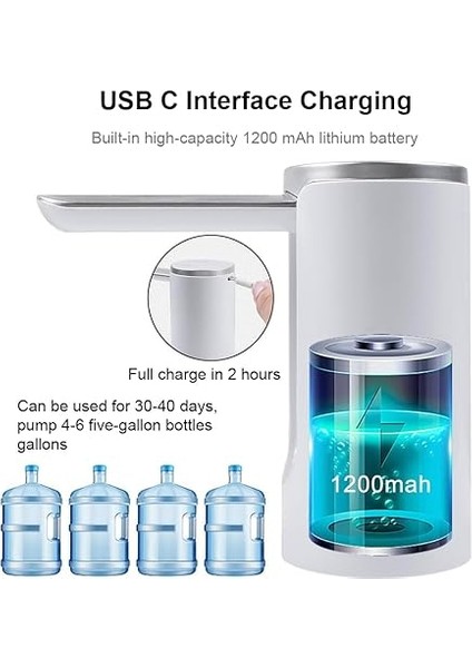 Su Miktarı Seçimi ile Otomatik Su Sebili, USB Şarjlı Evrensel Galon Şişeler Için Elektrikli Katlanabilir Su Pompası Siyah indirimleri