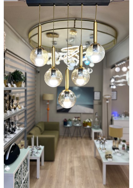 Globe Linear Black & Gold 5'li Sarkıt Bal Sarı Cam Avize