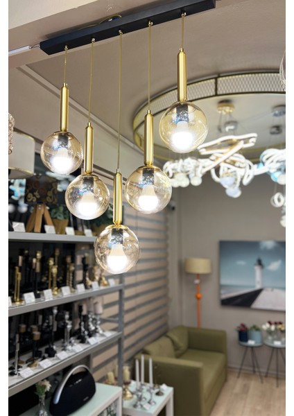 Globe Linear Black & Gold 5'li Sarkıt Bal Sarı Cam Avize modelleri