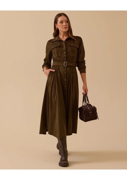 10002521311007 Önden Düğmeli Beli Kemerli Süet Elbise