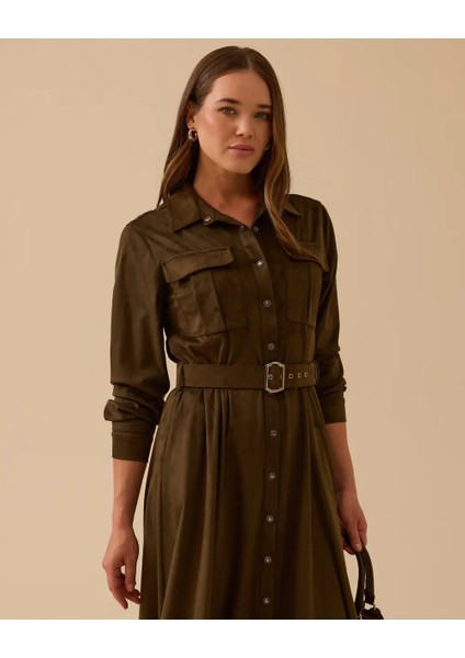 10002521311007 Önden Düğmeli Beli Kemerli Süet Elbise fiyatları