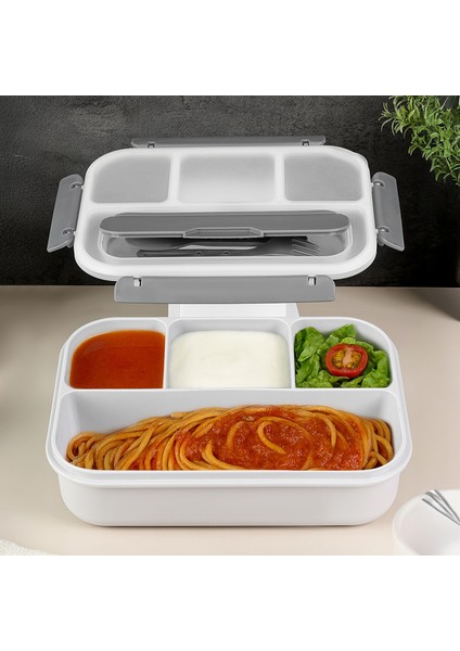 Sızdırmaz Contalı Yemek Kabı - 4 Bölmeli Çatal Kaşıklı Diyet Beslenme Kutusu Lunch Box Gri