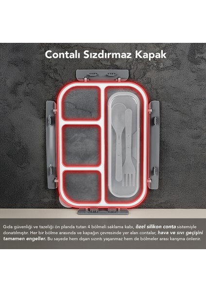 Sızdırmaz Contalı Yemek Kabı - 4 Bölmeli Çatal Kaşıklı Diyet Beslenme Kutusu Lunch Box Gri fiyatları