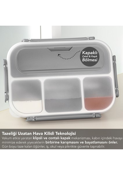 Sızdırmaz Contalı Yemek Kabı - 4 Bölmeli Çatal Kaşıklı Diyet Beslenme Kutusu Lunch Box Gri modelleri