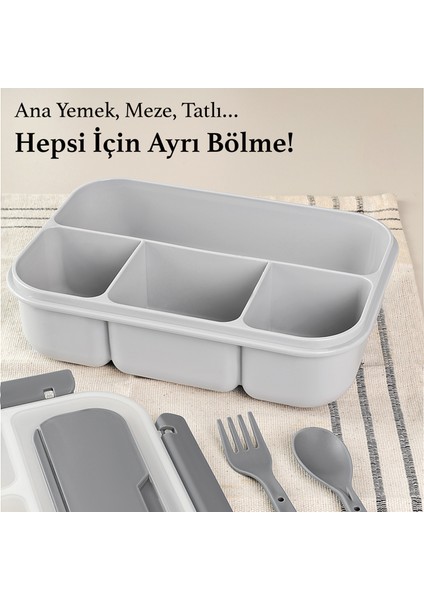 Sızdırmaz Contalı Yemek Kabı - 4 Bölmeli Çatal Kaşıklı Diyet Beslenme Kutusu Lunch Box Gri fırsatları