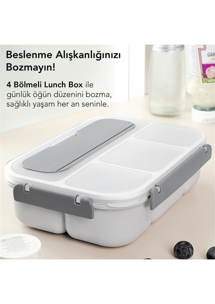 Sızdırmaz Contalı Yemek Kabı - 4 Bölmeli Çatal Kaşıklı Diyet Beslenme Kutusu Lunch Box Gri indirimleri