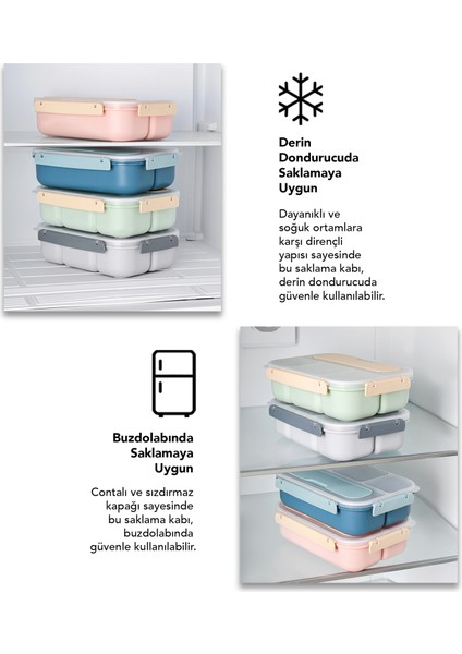 Sızdırmaz Contalı Yemek Kabı - 4 Bölmeli Çatal Kaşıklı Diyet Beslenme Kutusu Lunch Box Gri