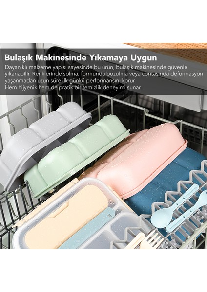 Sızdırmaz Contalı Yemek Kabı - 4 Bölmeli Çatal Kaşıklı Diyet Beslenme Kutusu Lunch Box Gri