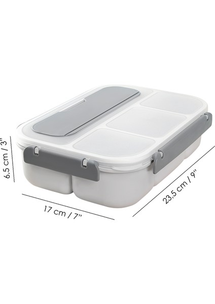 Sızdırmaz Contalı Yemek Kabı - 4 Bölmeli Çatal Kaşıklı Diyet Beslenme Kutusu Lunch Box Gri